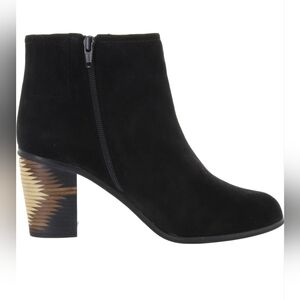 Seychelle Anthropologie Black Suede Ankle Boots with Patterned Heel